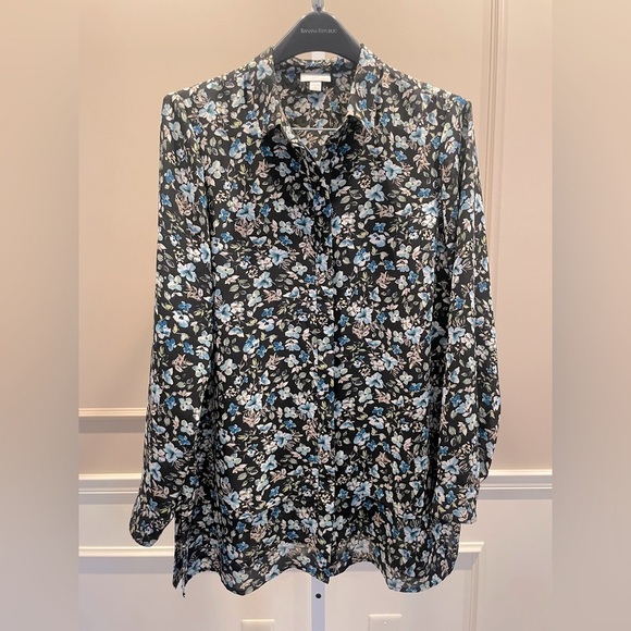 J. Jill Floral Medium Button Down Tunic Top Layered Career Casual Black Blue - Picture 1 of 7
